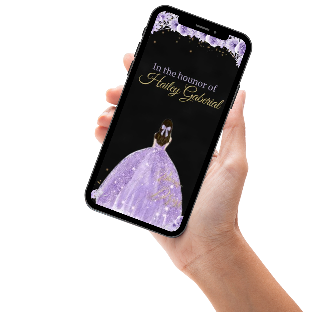 Quinceanera Black &amp; Purple Theme Party Digital Invitation – Elegant Theme Video Invite