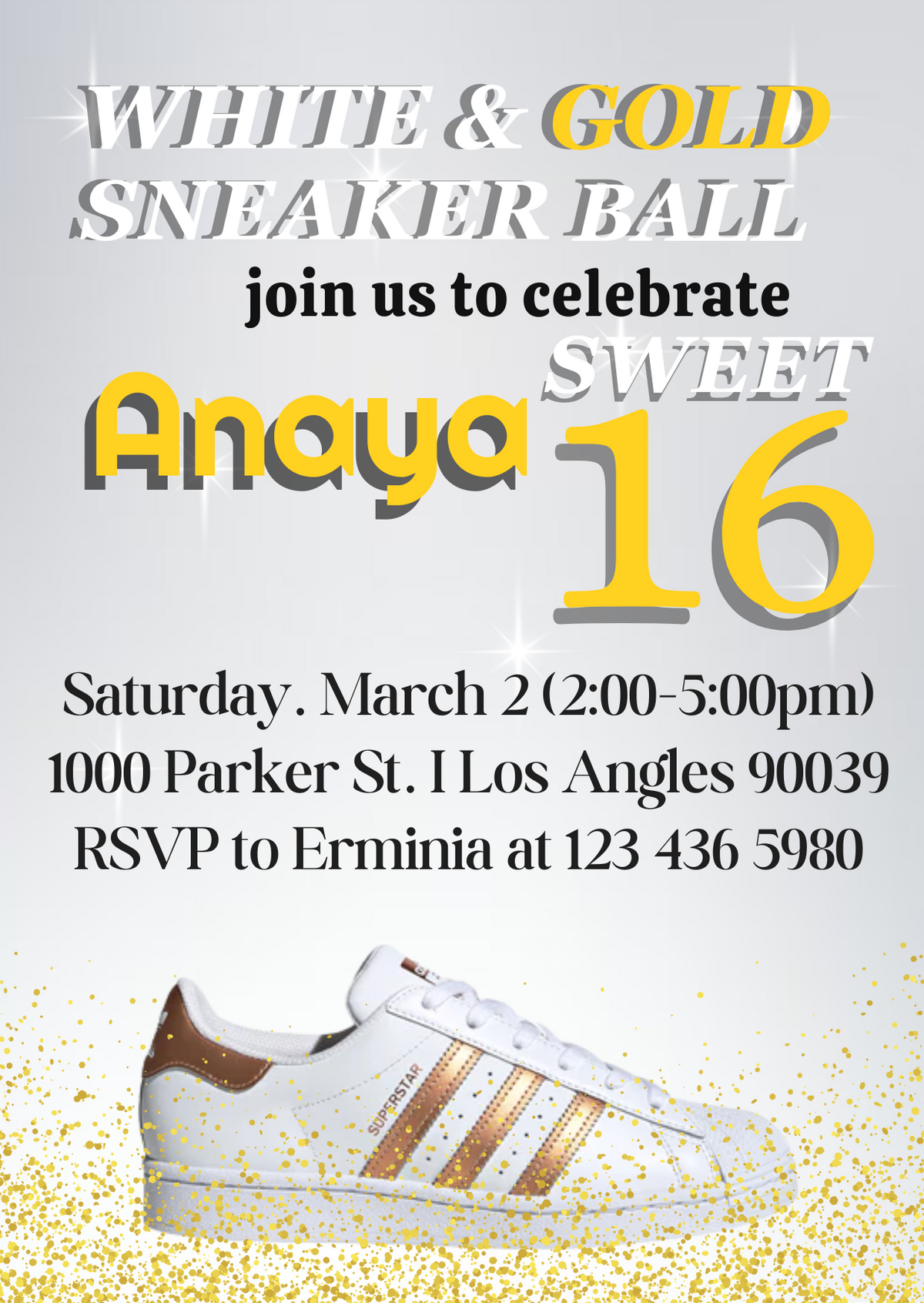 Custom Glam Sneaker Ball Party Digital Card Invitation - Gold Birthday Party Card Invite