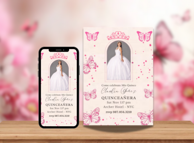 Mariposas Butterfly Quinceanera Theme Card Invitation - Elegant Floral Digital Party invite