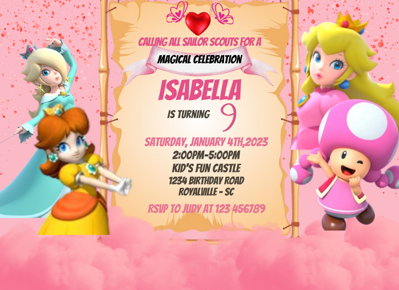 Royal Princess Peach Birthday Card Invitation - Custom Digital Party Card Invitation For Kids