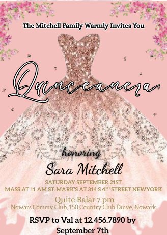 Glitter Dream Dress Quinceanera Theme Card Invitation - Sparkling Digital Party Card invite
