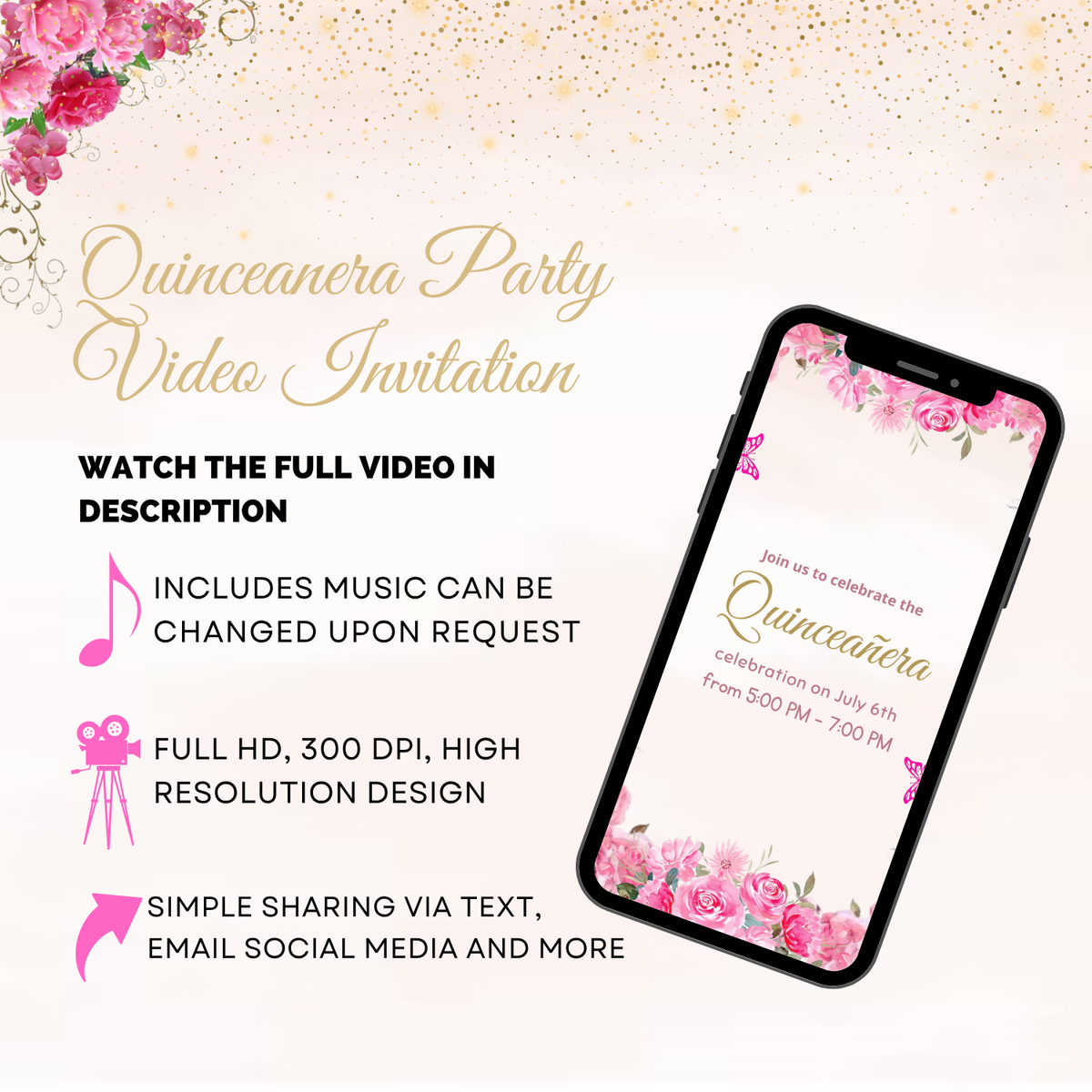 Pastel Pink &amp; Gold Quinceanera Video Invitation - Elegant Theme Party Digital Invite