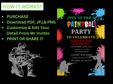 Paintball Birthday Theme Party Card Invitation - Personalized Paintball Theme Digital Invite