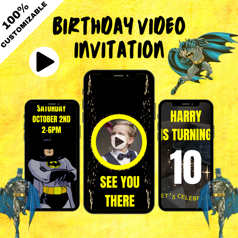 Batman Theme Birthday Video Invitation – Animated Superhero Party Digital Invite for Kids