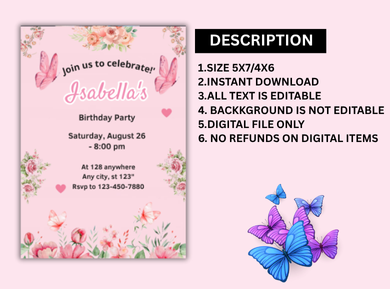 Pink Butterfly Theme Digital Birthday Card Invitation – Personalized Invite for Girls