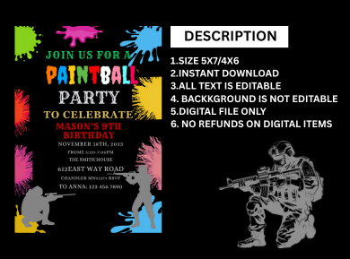 Paintball Birthday Theme Party Card Invitation - Personalized Paintball Theme Digital Invite