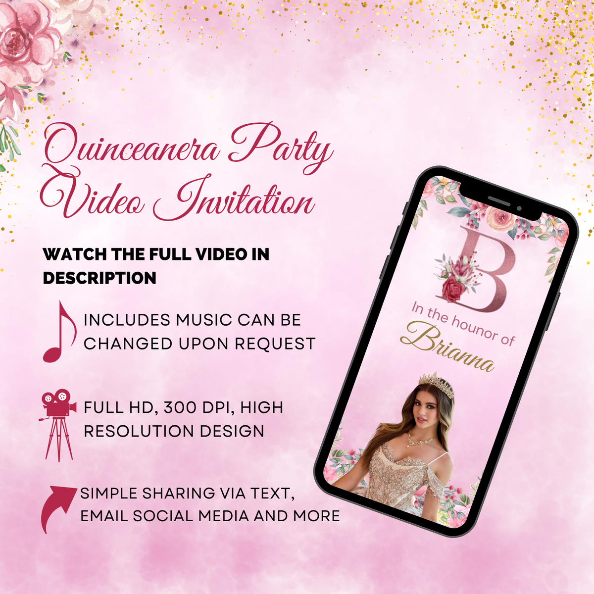 Quinceanera Theme Pastel Pink &amp; Gold Video Invitation - Pastel Pink &amp; Gold Theme Digital Invite