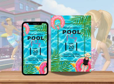 Barbie Pool Bash Party Digital Card Invitation - Custom Summer Themed Digital Invite