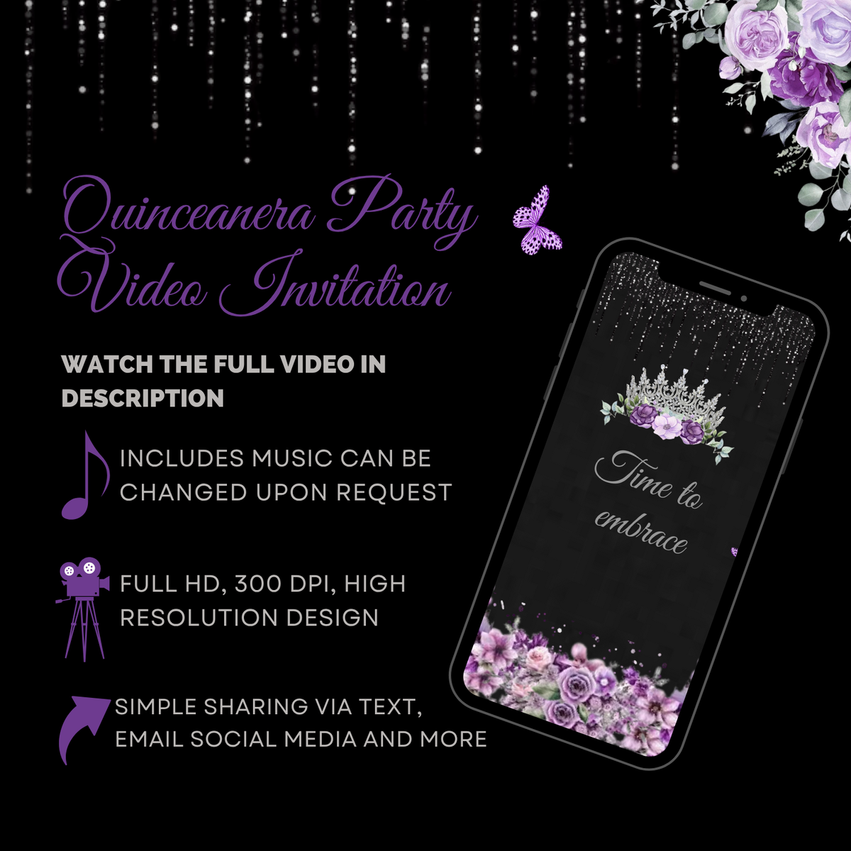 Royal Quinceañera with Black, Purple &amp; Silver Theme Video Invitation - Elegant Theme Digital Invite