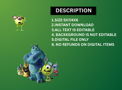 Monsters Inc Digital Birthday Card Invitation - Personalized and Fun Theme Digital Invite