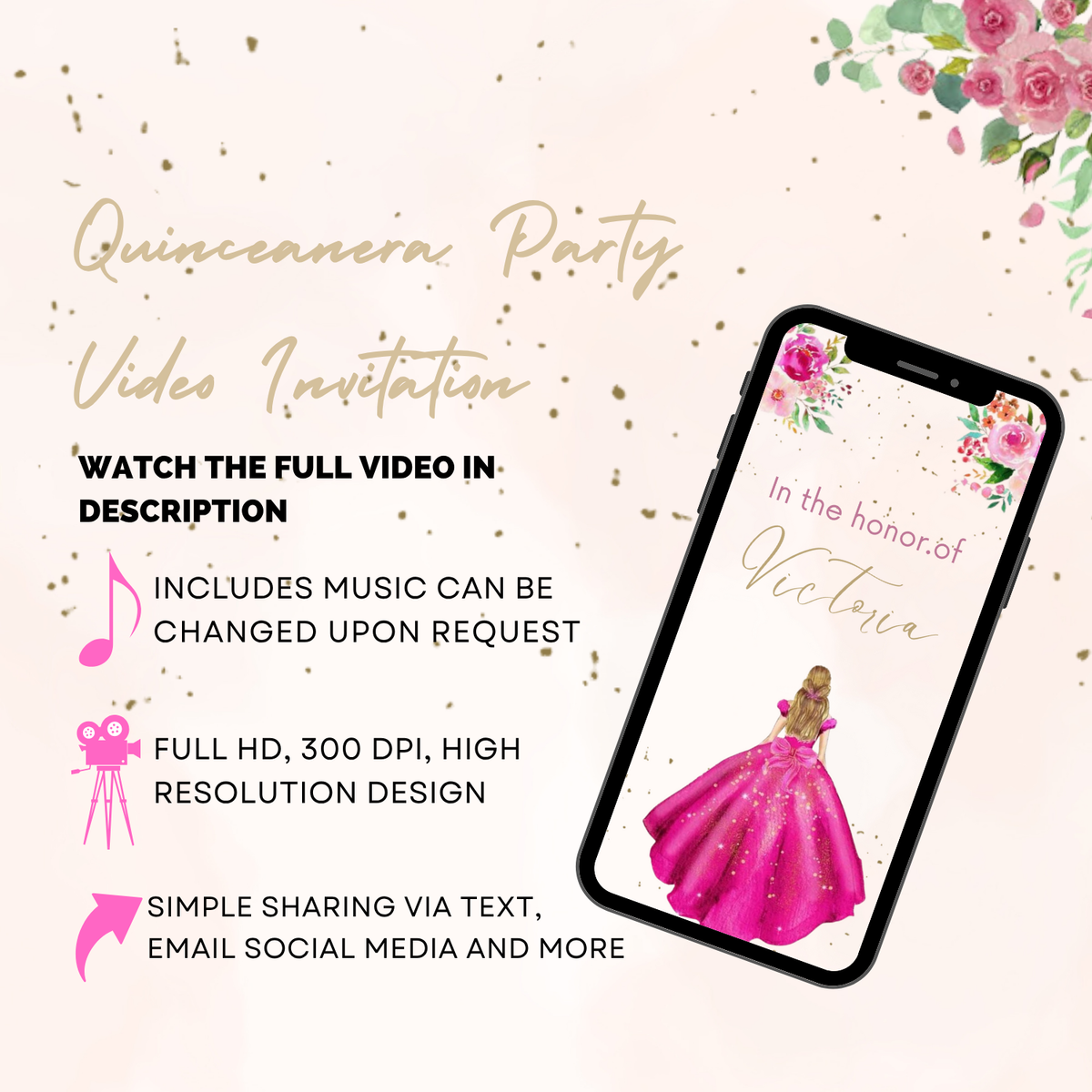 Hot Pink Floral Theme Quinceañera Party Video Invitation – Elegant Animated Digital Invite