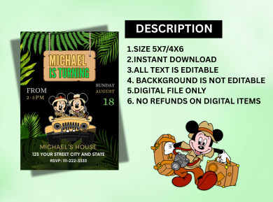 Mickey Safari Adventure Digital Card Invitation - Personalized Jungle Birthday Digital Invites