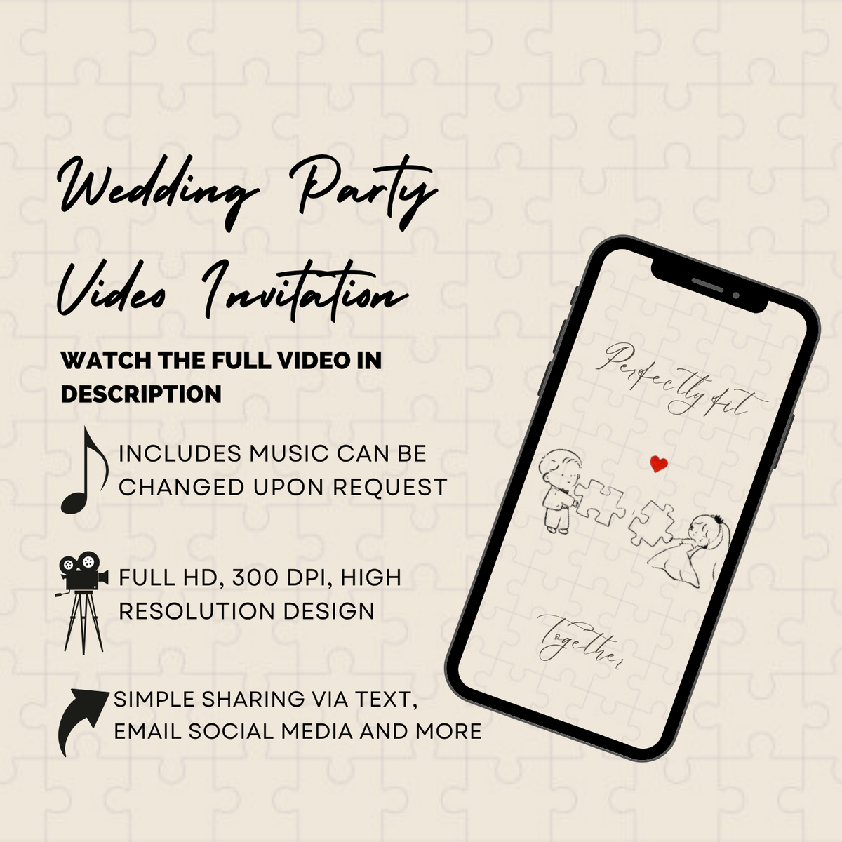Puzzle Wedding Perfectly Fit Together Video Invitation - Puzzle Theme Wedding Digital Invite