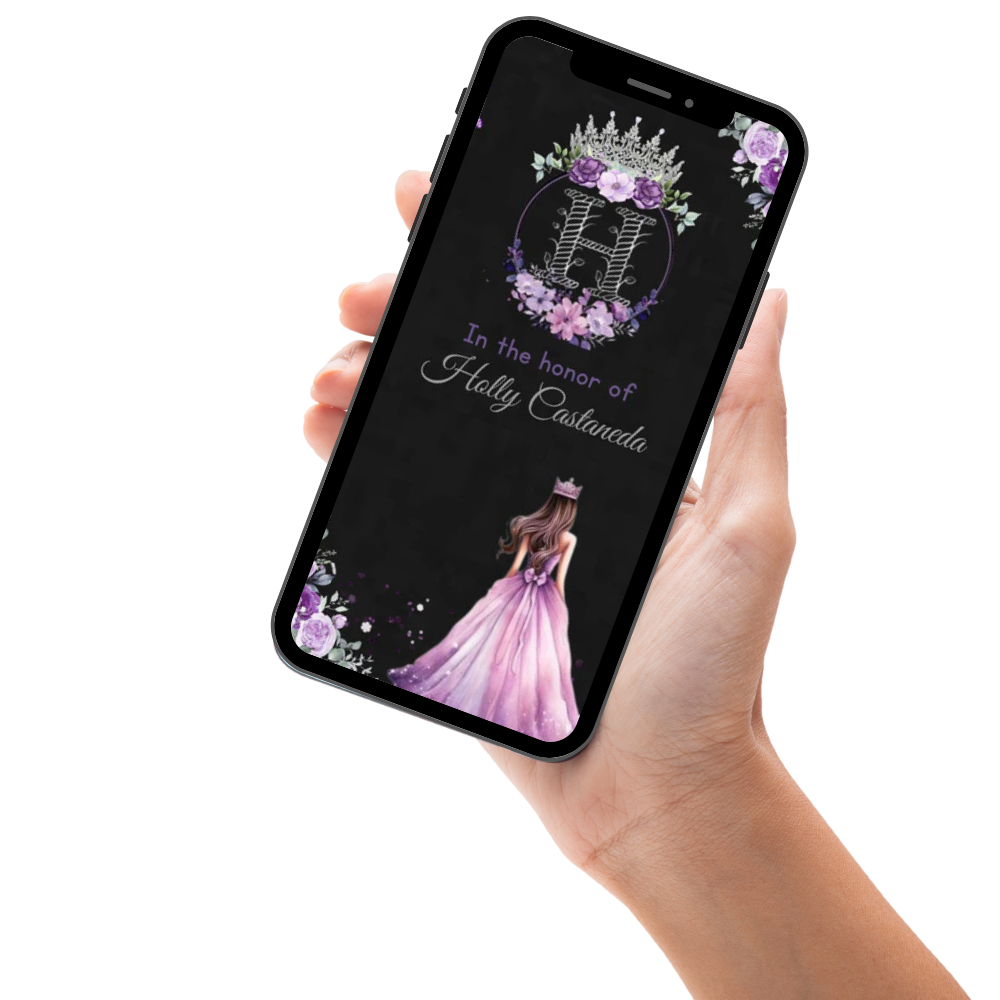 Royal Quinceañera with Black, Purple &amp; Silver Theme Video Invitation - Elegant Theme Digital Invite