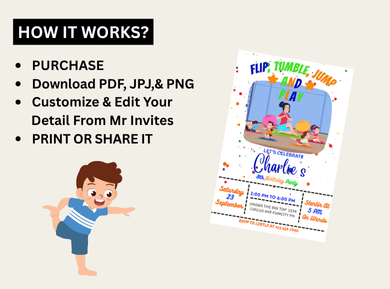 Gymnastics Theme Digital Birthday Card Invitation - Personalized Kids Digital Card Invites