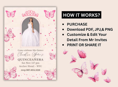 Mariposas Butterfly Quinceanera Theme Card Invitation - Elegant Floral Digital Party invite
