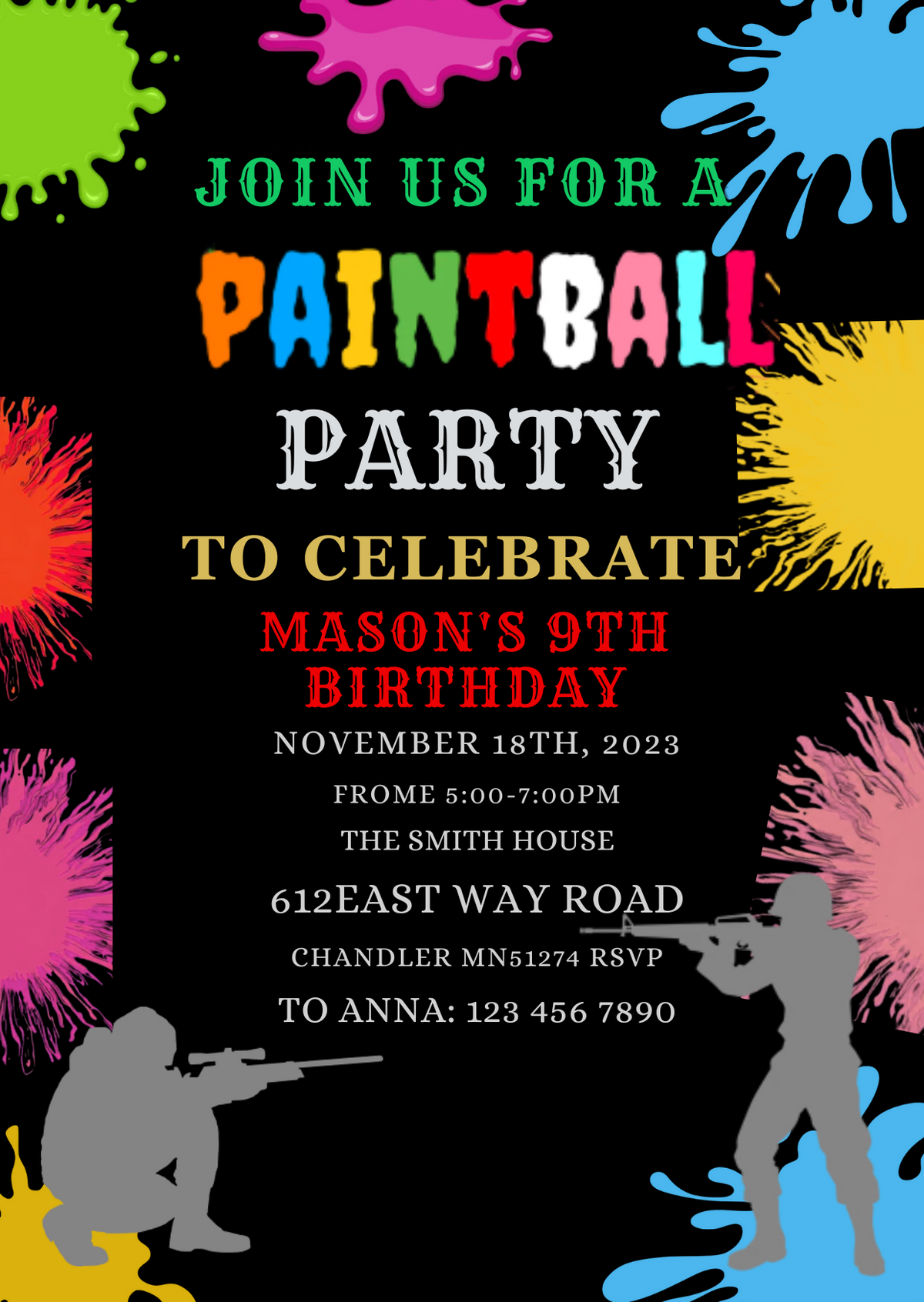 Paintball Birthday Theme Party Card Invitation - Personalized Paintball Theme Digital Invite
