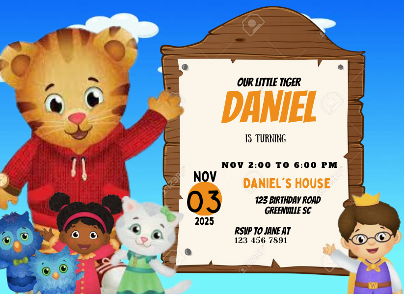 Custom Daniel Tiger Birthday Card Invitation - Digital Party Card Invites for kids