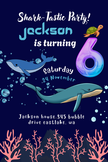 Shark Theme Digital Birthday Card Invitation - Customized Cute Shark Digital Invites