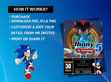 Digital Sonic Birthday Card Invitation - Mega Sonic Custom Party Card Invite