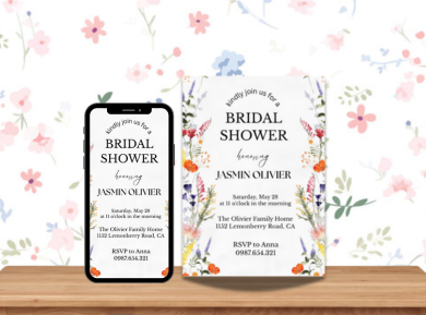 Wildflowers Theme Bridal Shower Card Invitation - Custom Boho Floral Digital Invites