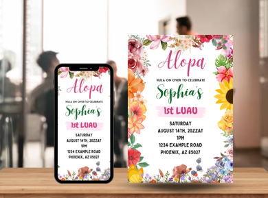 Colorful Luau Birthday Card Party Digital Invitation - Lively Tropical Theme for a Fun Celebration