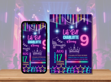 Personalized Roller Skating Digital Birthday Card Invitation - Glow in the Dark Theme Digital Invite