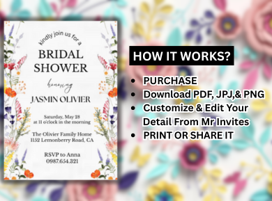 Wildflowers Theme Bridal Shower Card Invitation - Custom Boho Floral Digital Invites
