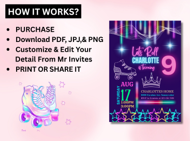 Personalized Roller Skating Digital Birthday Card Invitation - Glow in the Dark Theme Digital Invite