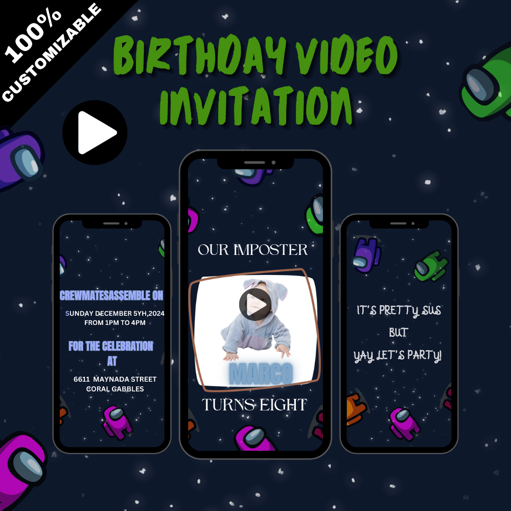 Animated Among Us Birthday Video Invitation – Customizable Theme Party Digital Invite
