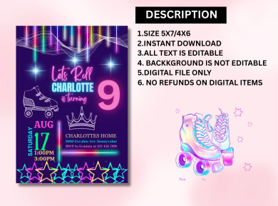 Personalized Roller Skating Digital Birthday Card Invitation - Glow in the Dark Theme Digital Invite