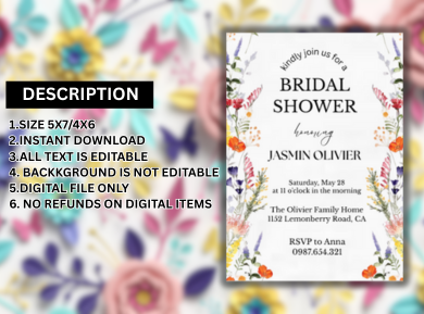 Wildflowers Theme Bridal Shower Card Invitation - Custom Boho Floral Digital Invites