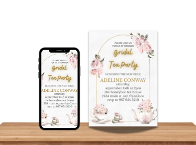 Rosy Tea Party Bridal Shower Card Invitation - Elegant Floral Digital Invite