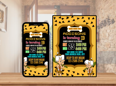 Flintstones Bam Bam Party Card Invitation - Custom Digital Birthday Card for Kids