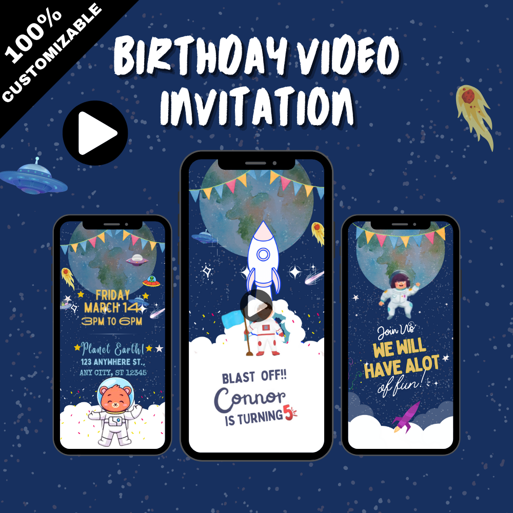 Cute Space Birthday Video Invitation for Kids - Fun &amp; Personalized Space Party Digital Invite
