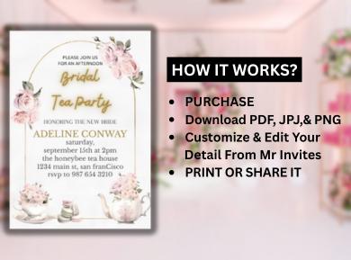Rosy Tea Party Bridal Shower Card Invitation - Elegant Floral Digital Invite