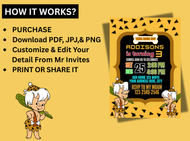 Flintstones Bam Bam Party Card Invitation - Custom Digital Birthday Card for Kids