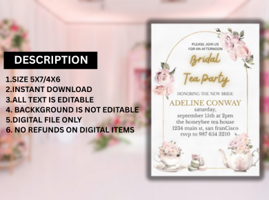 Rosy Tea Party Bridal Shower Card Invitation - Elegant Floral Digital Invite