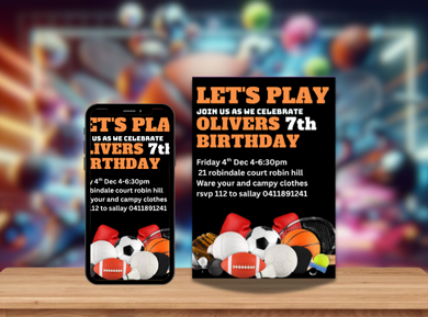 Sports Themed Digital Birthday Digital Invitation - Custom Party Card Invite for Young Athletes