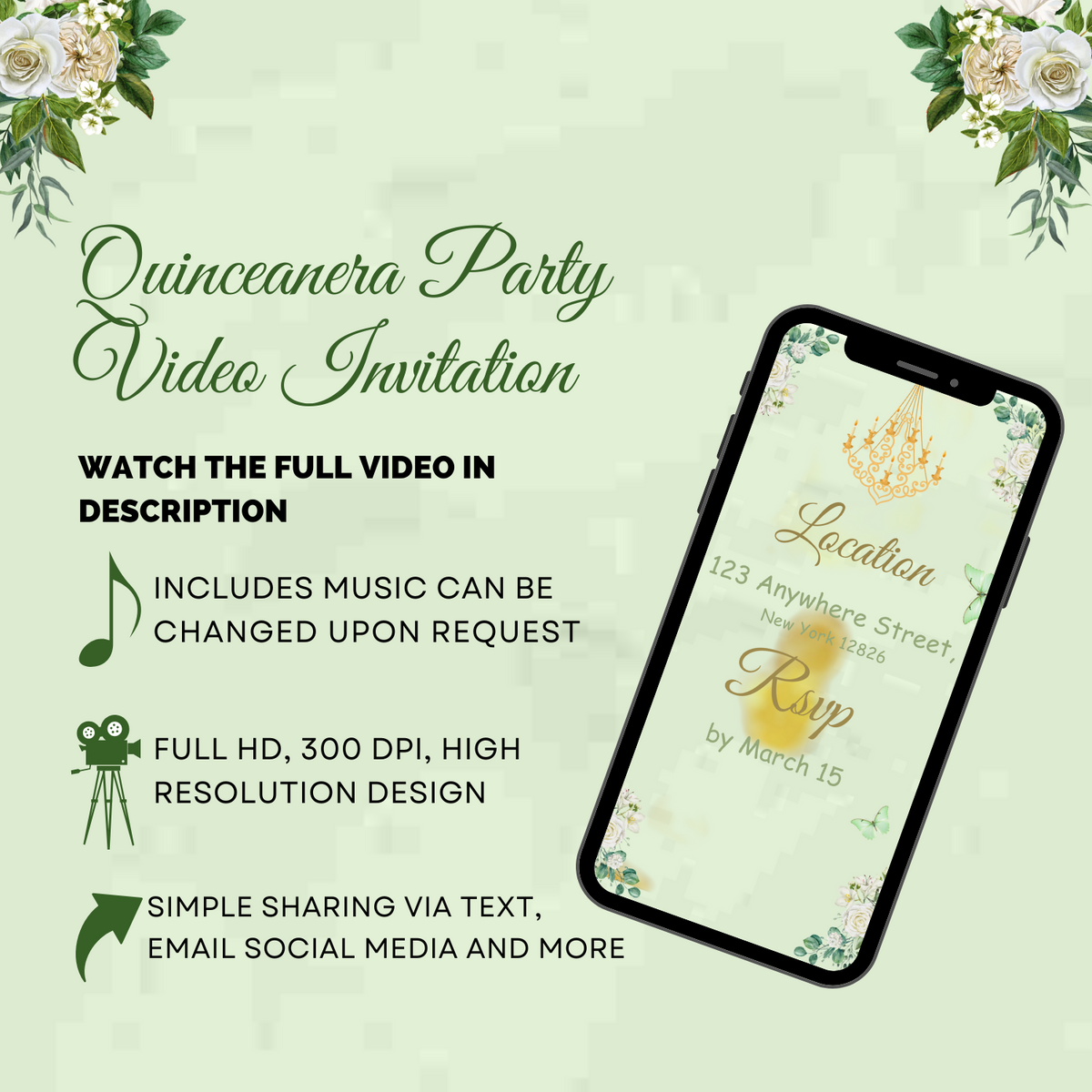 Princess Tiana Quinceañera Video Invitation in Mint Green - Celebrate Her Dream Day Digital Invite