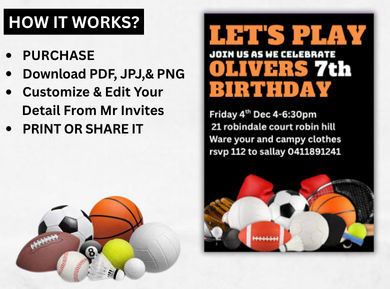 Sports Themed Digital Birthday Digital Invitation - Custom Party Card Invite for Young Athletes