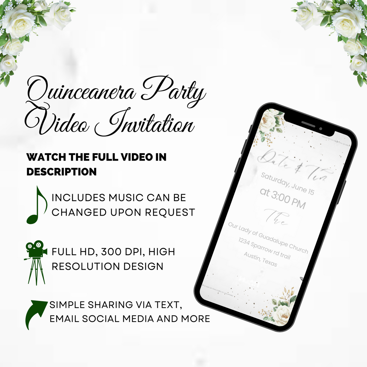 Sage Green Quinceanera Digital Invitation - A Soft and Stylish Timeless Quinceañera Video Invite