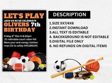 Sports Themed Digital Birthday Digital Invitation - Custom Party Card Invite for Young Athletes
