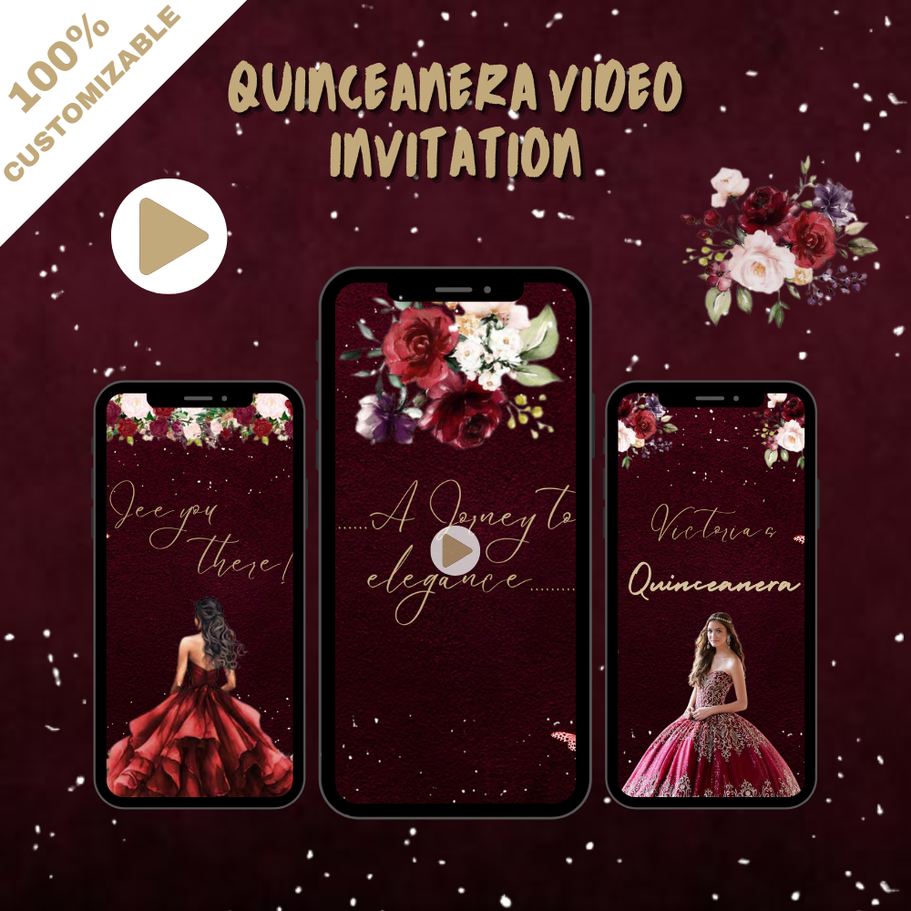 Burgundy Floral &amp; Gold Quinceañera Video Invitation - Burgundy Floral &amp; Gold Quinceañera Theme Digital Invite