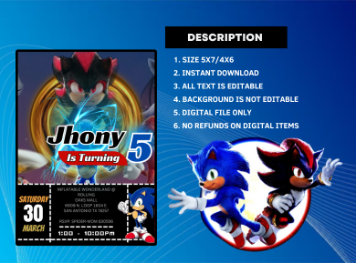 Digital Sonic Birthday Card Invitation - Mega Sonic Custom Party Card Invite