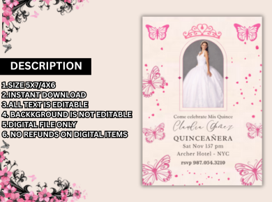 Mariposas Butterfly Quinceanera Theme Card Invitation - Elegant Floral Digital Party invite