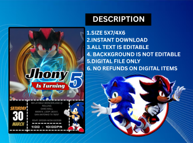 Exciting Sonic The Hedgehog Digital Birthday Invitation - Customize Sonic Theme Digital Invite