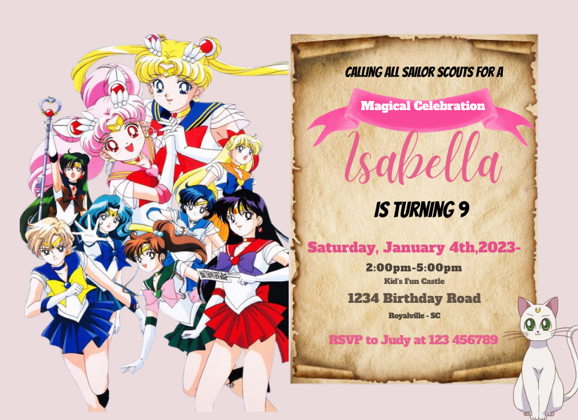 Magical Sailor Moon Birthday Card Invitation - Custom Digital Party Card Invitation