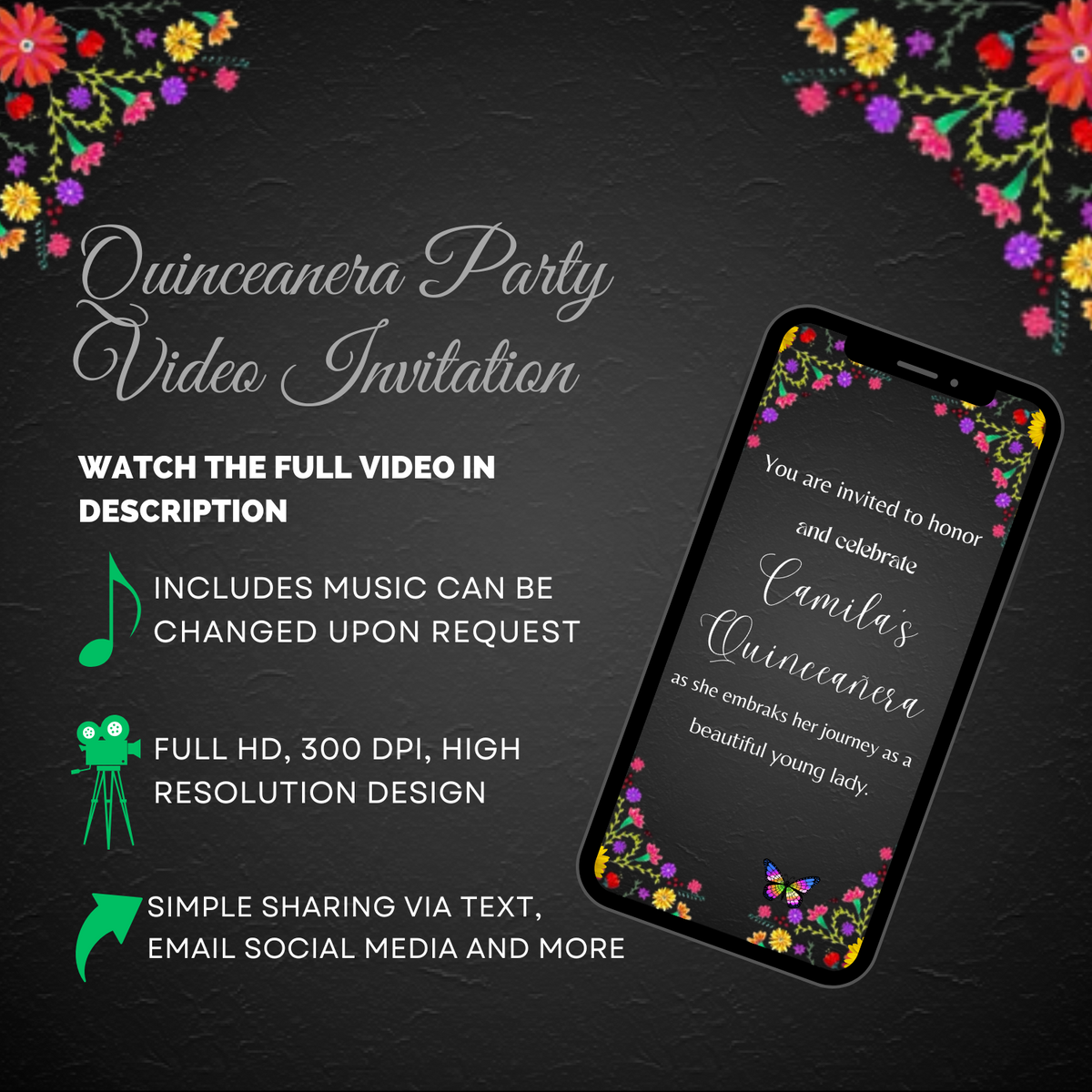 Mexican Fiesta Black Floral Quinceañera Video Invitation - Elegant Folk Art Digital Invite