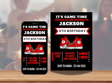 Personalized Red Sneaker Ball Digital Invitation - Stylish Birthday Card Invitation